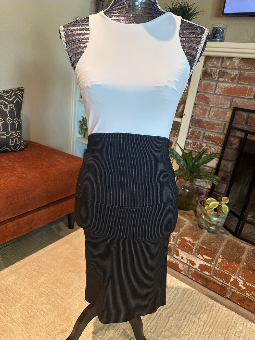 Black Pinstripe High-Waist Pencil Skirt